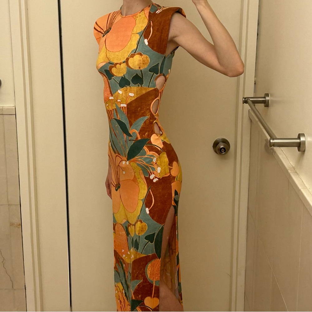 Cut out floral midi dress with slits & padded shoulders from Zara